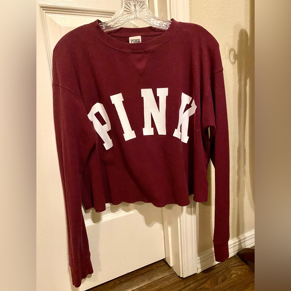 PINK Maroon Waffle Knit Thermal Crop Top
